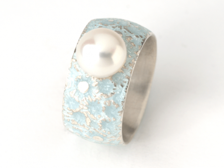 Emaille-Ring Eisblume mit Perle